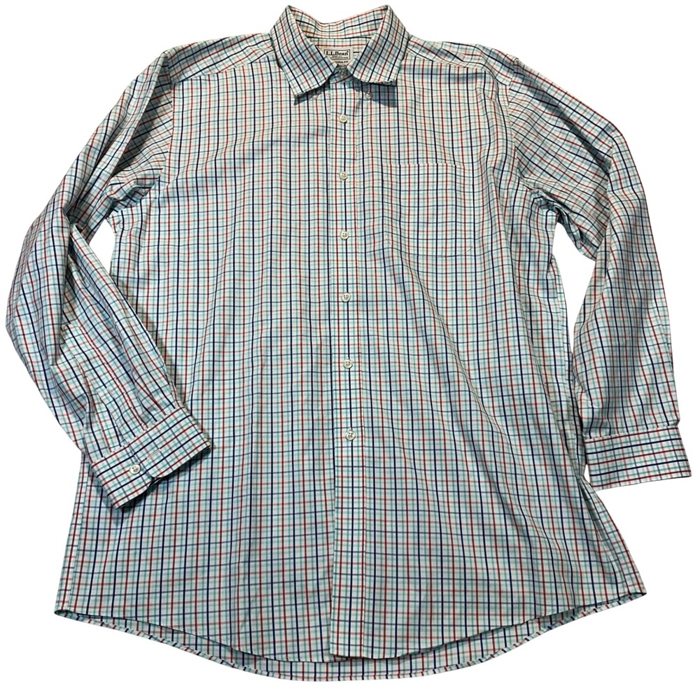 LL Bean Button Down Shirt Mens 16-33‎ Blue Teal Plaid Traditional Fit Cotton
